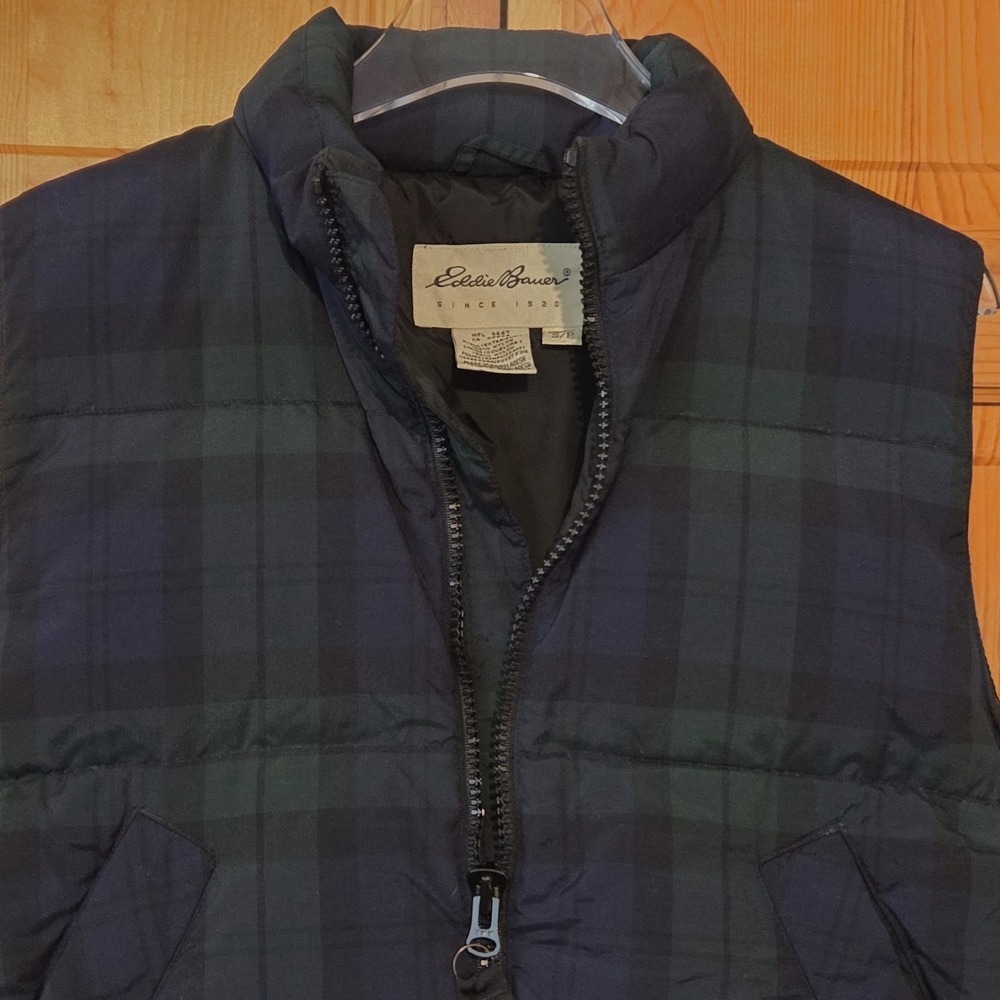 Eddie Bauer Womens Petites Goose Down Puffer Vest Black Watch Tartan Plaid‎